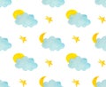 Seamless pattern moon and sun behind clouds Royalty Free Stock Photo